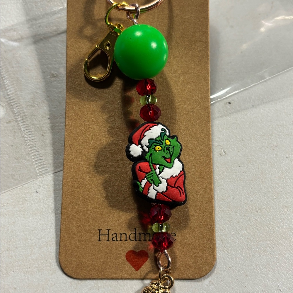 Grinch Christmas Keychain with Green and Red Beads